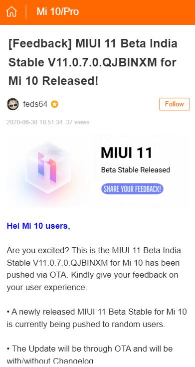 Mi 10 indian update xiaomi